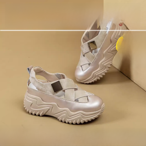 Womens Summer Fashion Casual Breathable Hollow out Thick Heel Real Leather Sandals Roman Style round Toe Dad Shoes