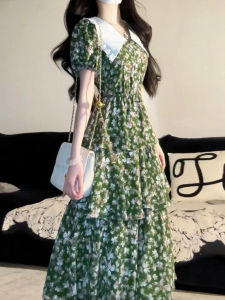 Y6Y | French Style Floral Print Summer Dress Womens Bubble Sleeve Beach Vacation Beautiful Long Skirt High Waist A-Line Silhouette