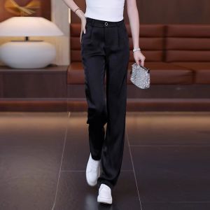 Casual Silk Suit Pants Women Summer Thin High Waist Drape Straight Loose Ice Silk Narrow Wide Leg Pants Commute Korean Style