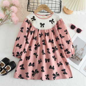 Bear Leader New Cotton Dresses for Baby Girls Spring Autumn Bow Print Korean Version Lace Pathwork Princess Dress Casual 2 To 7 Years Kids Clothes Childrens Outwear