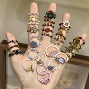 Handmade Beaded Ring Natural Stone Wood Female Style Vintage Simple New Chinese Design Elastic Finger Ring Versatile Index Ring