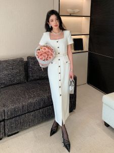 Elegant French Style Womens Dress High Waist Short Sleeve Square Collar Slimming Long Dress Spring Summer Autumn Pure Color