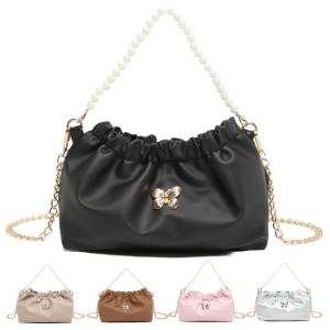 กระเป๋ากระเป๋าจีบกระเป๋าถือลายผีเสื้อ PU สำหรับผู้หญิงสายคล้องไข่มุกและสายโซ่กระเป๋าสะพายพาดลำตัวแบบเรียบง่ายความจุขนาดใหญ่สำหรับท่องเที่ยวกลางแจ้ง