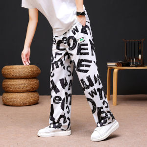 กางเกงลำลองชายผ้าไหมน้ำแข็งฤดูร้อน กางเกงขายาวทรงตรงหลวมๆ บางๆ แฟชั่นพิมพ์ลายตัวอักษร กางเกงขายาวผู้ชาย กางเกงขายาวทรงตรง