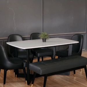 Set Meja Makan Top Marmer Putih Carrara Kaki Hitam Kursi 4 & Bench