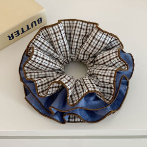 Korean Style Blue Plaid Four Layer Large Hair Ties Womens College Style Hair Accessories Versatile Super Large Hair Bands