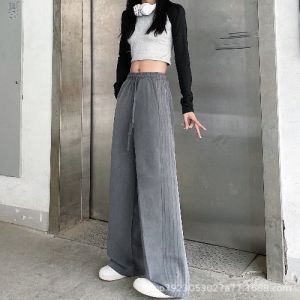 Womens Casual Trousers Autumn New Style American Retro Loose Drapey Stripe Floor-Length Wide Leg Straight Cut Pants
