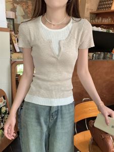 เสื้อสเวตเตอร์คอตั้งแขนสั้นทรงสลิมฟิตสไตล์เกาหลีสำหรับผู้หญิงในช่วงฤดูร้อน เสื้อคลุมกันหนาวแบบสวมหัวแขนสั้นลายทาง