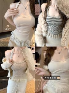 Elegant Lace Panel Striped Halter Neck Vest Womens Slim Fit Inner Wear Short Length Button up Style Commute Fashion 2025