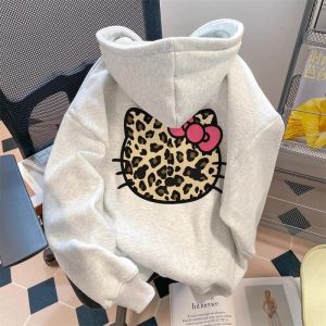 SUOSHE | Plus Size American Style Leopard Pattern Kitty Hoodie Thickened Fleece Jacket