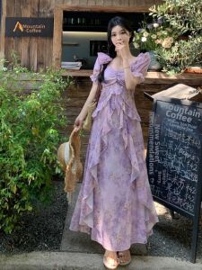 Purple Floral V-Neck Slimming Waist-Cinching Long Dress