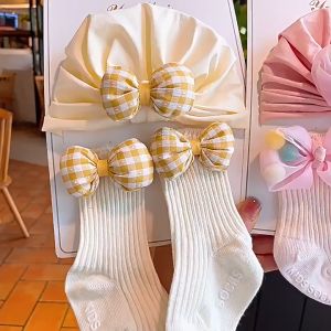 2 Pcs/Set Cartoon Baby Socks Hat Set Newborn Boys Girl Socks Flower Hats Infant Toddler Socks Hairband Turban Kids Accessories