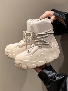 Womens Snow Boots 2024 New Fashion Waterproof Non-Slip Heightening Lace-Up Northeast Big Cotton Shoes Winter Warm Thick Bottom