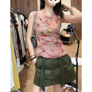 Shalldoer | Retro Summer Set Womens High-End Feel Slanted Flap Button Shirt Tassel Belted Short Skirt Two-Piece Set Fashionable Elegant