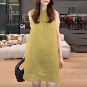 Shalldoer | Korean Style Round Neck Solid Color Simple Fashion Versatile Womens Dress Summer Loose Slimming A-Line Skirt Casual Wear