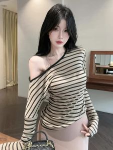GUZILIAN | Autumn New Style Womens Striped Long Sleeve T-shirt Top And Long Dress Two-Piece Set Korean Version Loose Fit Asymmetrical