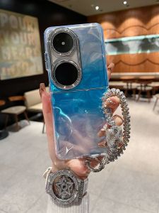 เคสโทรศัพท์มือถือ Huawei P50 PocketS ลายเรขาคณิตสีน้ำเงิน เคสโทรศัพท์มือถือแบบพับได้พร้อมสายโซ่ เปลือกป้องกันแบบซิลิโคน PC+TPU ทนทาน