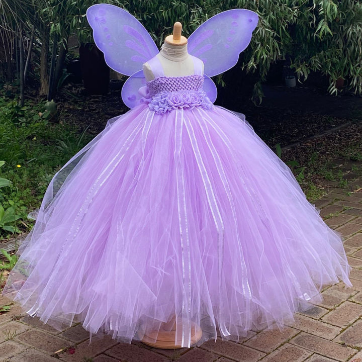 Girls Lavender Butterfly Flower Tutu Dress Kids Fairy Princess Dresses Long  Ball Gown with Wing Children Birthday Party Costume | Lazada Singapore