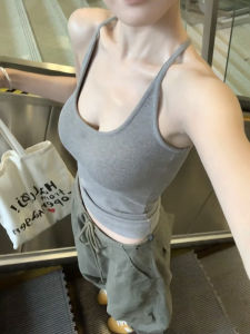 Áo Ba Lỗ Không Tay Cổ Chữ U Màu Xám Kiểu Mỹ Dành Cho Nữ Mùa Hè Ngoài Trời Có Đệm Ngực Áo Lót Bên Trong Chất Liệu Cotton Pha Trộn