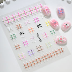 1Pc 5D Embossed Pastel Plaid Bow Nail Stickers Colorful Checkered Self-Adhesive Nails Decals French Pearl Chain Manicure Sliders