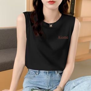 เสื้อยืดคอกลมแขนกุดสำหรับผู้หญิงในช่วงฤดูร้อนปี 2024 เสื้อชั้นในแบบมีเสื้อกั๊กสำหรับใส่ด้านนอก เสื้อคลุมหูสำหรับผู้หญิง แฟชั่นฤดูร้อน