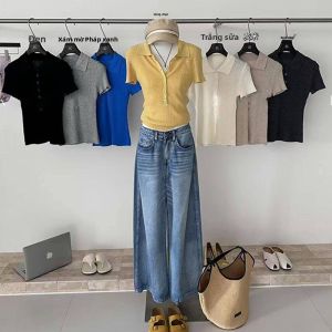 YUEZHONGWEI | Áo thun tay ngắn dệt kim lụa băng màu vàng phong cách Mỹ cho nữ mùa hè ôm vừa vặn cổ polo tay ngắn áo thun thường ngày
