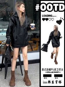 Loose Fit PU Leather Hoodie Jacket Womens Mid-Length Sleeve Long Hooded Print Biker Style Outerwear Autumn Fashion Ladies Sweatshirt