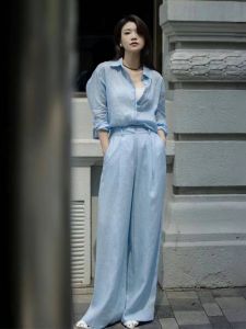 Elegant Linen Shirt Set Women Summer French Style Loose Fashion Cotton Linen Sun Protection Long Pants Two Piece Set