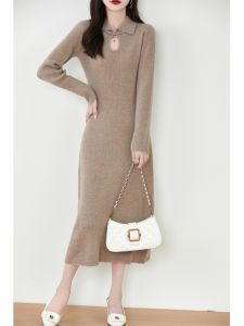 Pure Wool Knitted Dress Elegant Slim Fit Long Chinese Collar One Button Autumn Winter Womens Dress Knitted Dress Woolen Dress