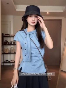 เสื้อเชิ้ตแขนสั้นสไตล์ฝรั่งเศส ทรงสลิมฟิต ลายทาง แขนกุด ผูกโบว์ ดีเทลกระดุม ทรงเข้ารูป สำหรับผู้หญิง ฤดูร้อน 2025