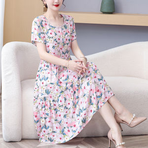 Floral Print Cotton Silk Womens Midi Dress Summer New Chinese Style High Waist A-Line Skirt Short Sleeve Large Swing Skirt