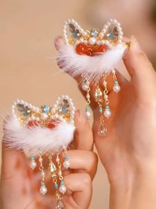 Lion Awakening Tassel New Year Hairpin with Side Clip and Back Brain Spoon Clip Hanfu Daily Accessories Red Cute Headwear New Years Greetings