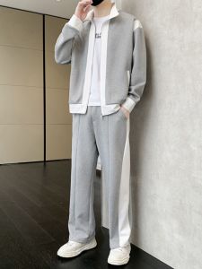 Spring and Autumn Leisure Sportswear Suit Mens Two-Piece Suit Youth Student Trendy Cardigan Sweater Handsome One Set Mens Clothing