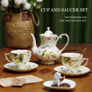 JUSTINLAU European Style Ceramic Mug Coffee Cup&Saucers Set Lemon Pattern Retro Afternoon Tea cups Dessert Plate Home Tableware