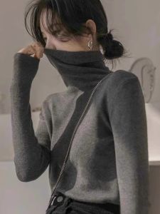 Black High Collar Knitted Sweater Long Sleeve Slim Fit Inner Wear Womens Fashionable Base Shirt Top Korean Style Commute