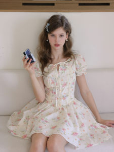 ISISLOVE | Flared Waist Elegant French Country Style Bubble Short Sleeve Floral Dress