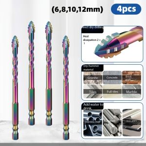 4Pcs Titanium Coated Step Drill Bits 4-Flute Serrated with Eccentric Tip Multifunctional for Wood Plastic Metal and Tile