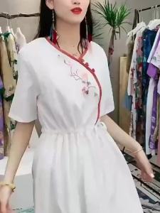 NUANKONG | Summer New Design Cotton Linen Cross Collar Embroidery Cheongsam Dress