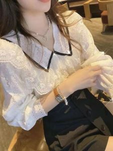 Princess Style Loose Lace Shirt Womens Chiffon Babydoll Collar Breathable Long Sleeve Top Fashionable Youthful Autumn Wear