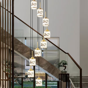 All Copper New Chinese-Style Chandelier Stair Light Long Chandelier Elegant Chinese Style Duplex Building Rotate Middle Building Zhongshan Lamps
