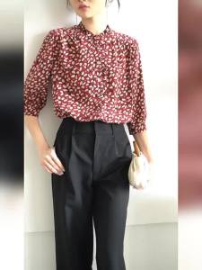 Printed Silk Crepe Shirt 3/4 Sleeve Wooden Ear Standing Collar Loose Womens Blouse