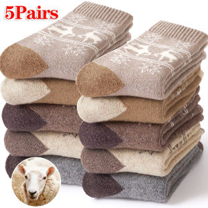 5Pairs Thicken Wool Socks Warm Snow Women Crew Socks Outdoor Sports Thermal Socks Christmas Elk Socks Gift