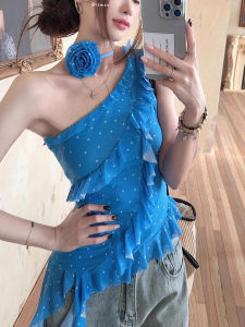 chaqi | Áo vest không dây không đều vai họa tiết chấm bi kiểu Thái độc đáo cho nữ mùa hè Áo khoác ngoài bằng vải voan không tay áo chui đầu