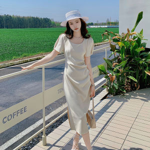 Impression Fashion Women Elegant Retro Plain Square Collar Short Sleeve Bodycon High Waist Split Midi Dress