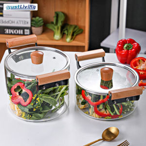 JustLiving 1PC 2.5/3.5/4.5/5.5L Glass Stockpot High Borosilicate Glass Stock Pot with Wooden Handles Kitchen Utensils Heat-resistant Glass Cooking Pot with Cover Clear Soup Pot