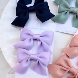 Bayar Di Tempat - Jepit Rambut Anak Perempuan Pita Set 2 Pcs Motif Polos / 2 in 1 Jepitan Rambut