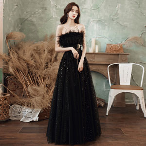 Black/Champagne Starry Sky Banquet Evening Dress Tube Top Sleeveless Feather Decor Slim Princess Dresses Birthday Dinner Prom Gown