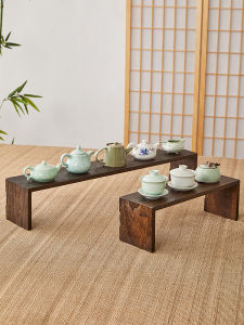 ไม้เนื้อแข็งขนาดเล็กชั้นวางจอแสดงผลสําหรับอุปกรณ์ชาและถ้วยห้องนั่งเล่น Tea Room Desktop Organizer ถาดชา Storage Rack