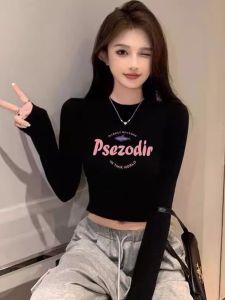 Sweet and Spicy Black Letters Print Shoulder Long Sleeves T-Shirt Female Fall and Winter New Arrival Silm Slimming Cotton Base Tops