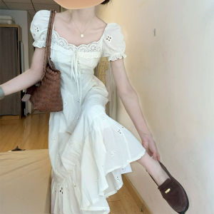 150 Little Sized Man Cut Out French Style Square Collar Puff Sleeve Dress Womens Summer Lace Waist-Tight Design A- line Midi Dress